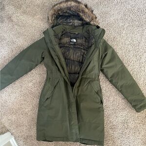 The North Face Women’s Olive Green Parka Coat with Faux Fur Hood